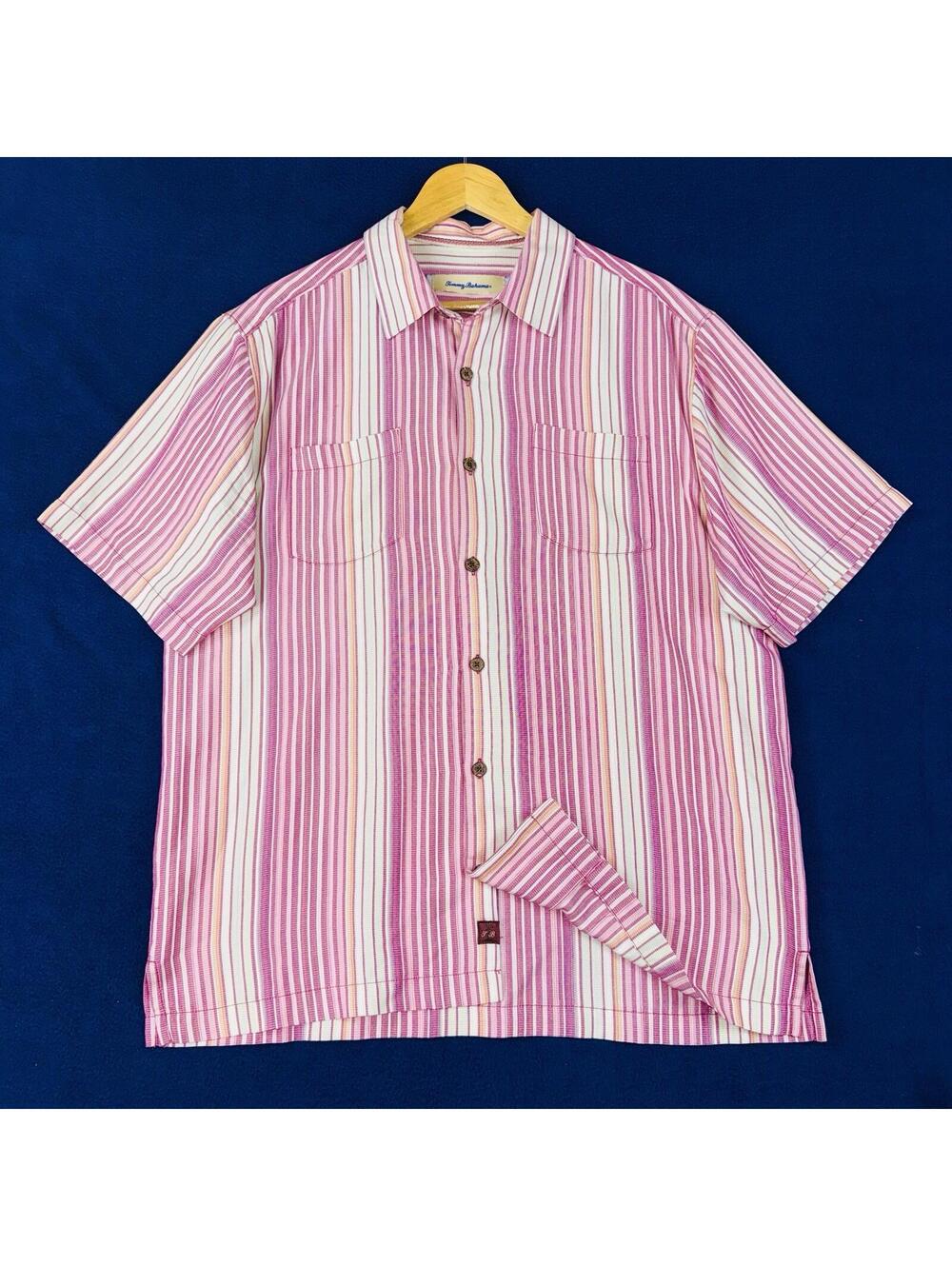 Tommy Bahama 100% Silk Camp Shirt Pink Stripe Button Up Size L Vacation Relaxed